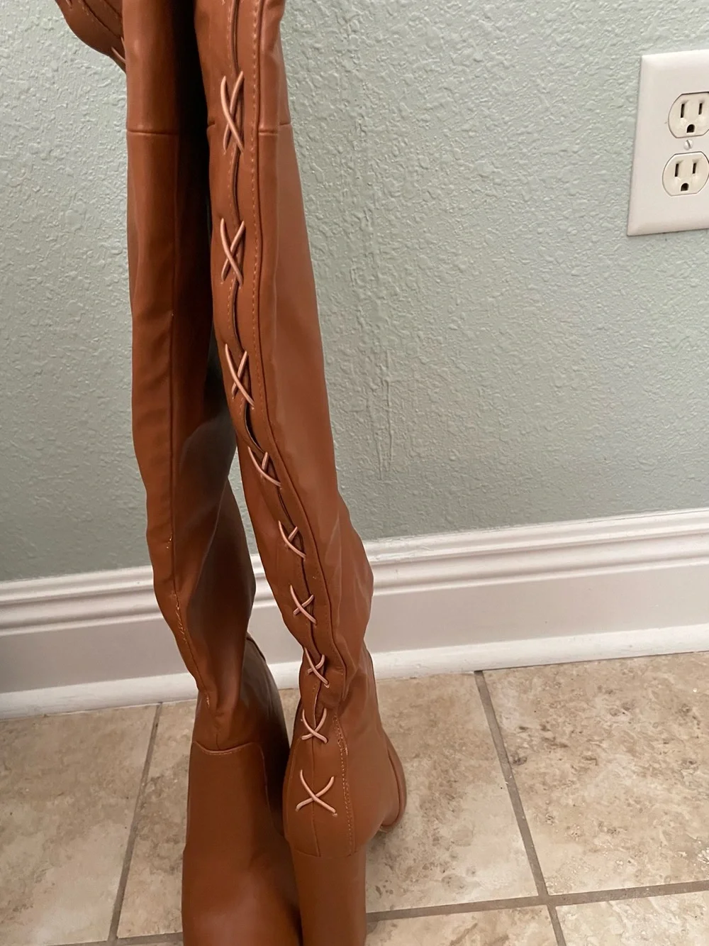 Over-the-Knee Lace-Up Tan Block Heel Boots